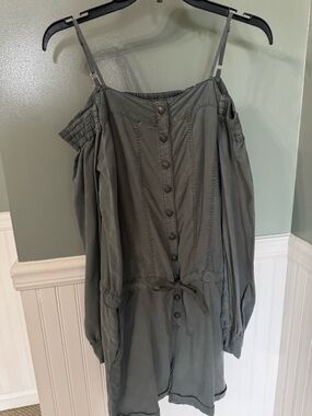 The Kooples Olive Green Cold-Shoulder Button-Front Tunic Romper